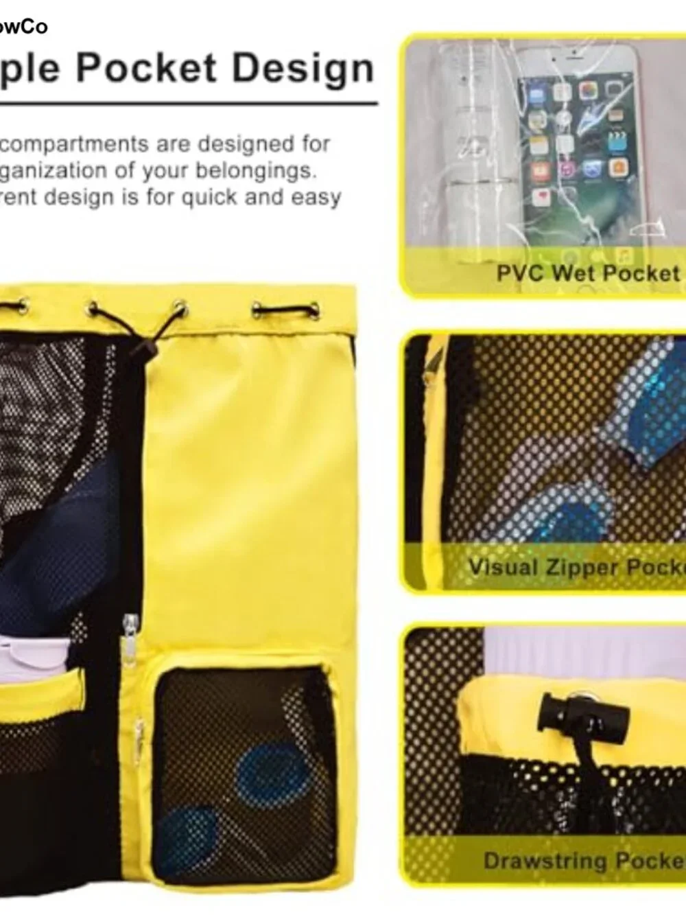 Mesh Drawstring Beach Backpack Wet Pocket Nylon Polyester Pool Gym Swim Bag